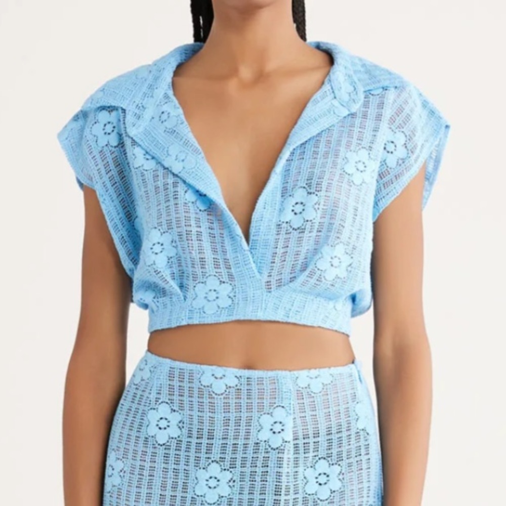 Rumer The Label Daisy Crop Top Blue Crochet Floral Size XS